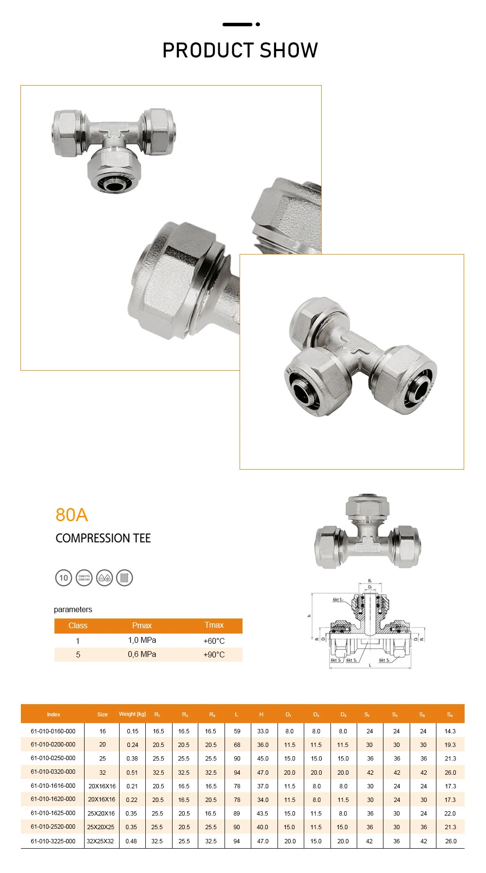 16mm X 16mm X 16mm Equal 16/18/20/25/32mm Tee Pex-Al-Pex Brass Compression Fittings for Pex-Al-Pex Multilayer Pipe