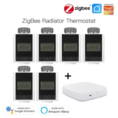 [Conjunto] 6PCS Zigbee Trv Calefacción termostática Radiador Válvula Cabeza Controlador Actuador Termostato inteligente con 1PC Zigbee Hub APP Control remoto Alexa Acho Google Home